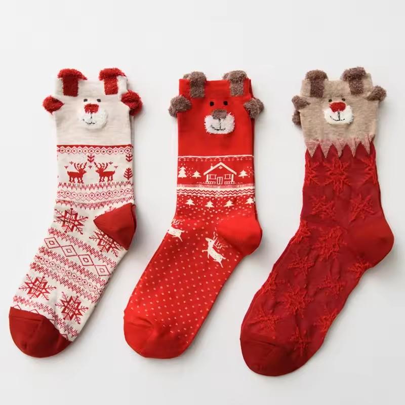 Cute Stereoscopic Christmas Socks Red Cartoon Elk Women Warm Cozy Mid Tube Socks Floor Kawaii Girls New Year Gifts