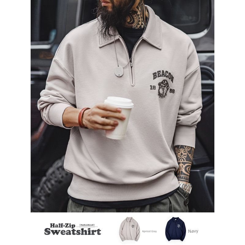 Madden Parka American Retro Three-Dimensional Embroider Half Zipper Sweatshirt Casual Polo Collar Pullover Polo Shirt Tops Men's Autumn