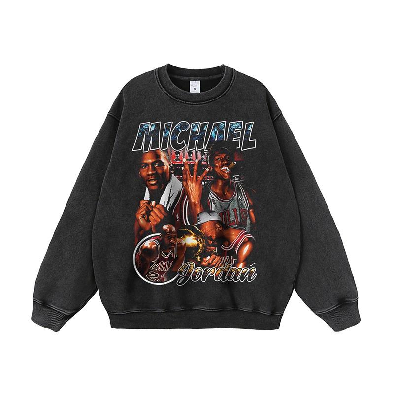 Mens Oversized Hooded Sweatshirt With Vintage Hip Hop Basketball Star Print Washed Distressed Cotton Fall Streetwear