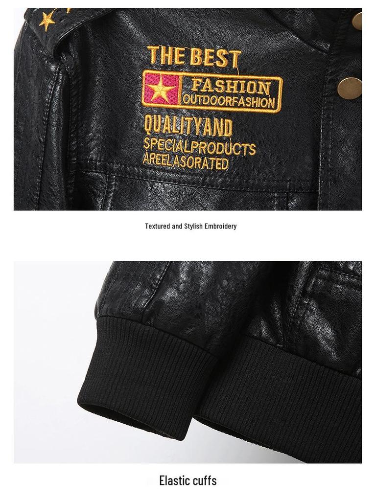 Chaqueta de Cuero para Motociclista con Forro de Terciopelo Otoño/Invierno 2026 para Hombre - Estilo Béisbol Bordado Juvenil de Moda