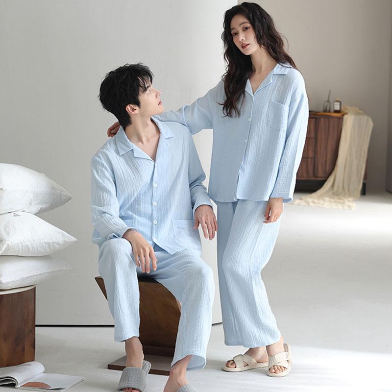 Large size couple pajamas autumn 1011 new spring and autumn cotton double-layer gauze long-sleeved trousers loungewear set