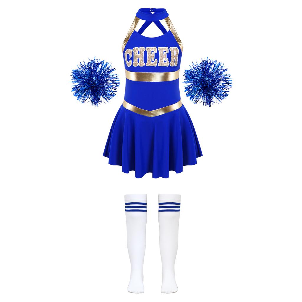Girls Cheer Costume Sleeveless Crisscross Back Letter Print Patchwork Dress Pom Poms Striped Socks Set