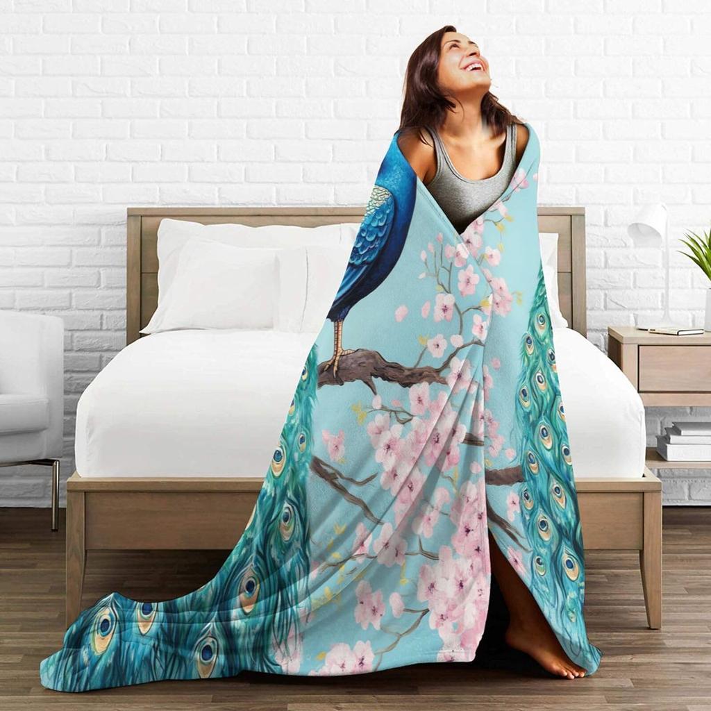 VIKAMA Peacock Cherry Blossom Blanket Soft and Skin-Friendly Waterproof and Machine Washable Living Room Bedroom Sofa Decor