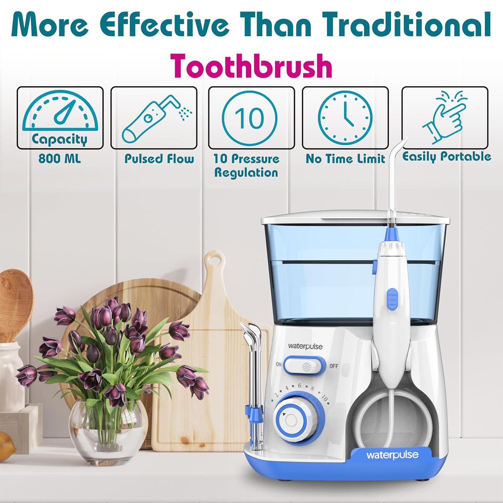 

Waterpulse Electric Water Flosser Oral Irrigator, 800 мл Большая емкость для гигиены полости рта Водная нить для чистки зубов с 5 насадками KR