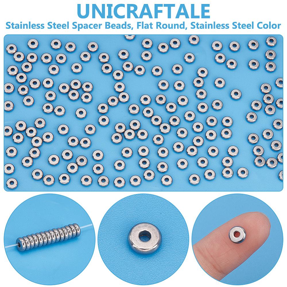 200Pcs 304 Stainless Steel Spacer Beads, Flat Round, Stainless Steel Color, 6x2mm, Hole: 2mm