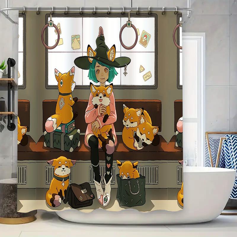 

Witch Cat Bathroom Decor Shower Curtain Cute Animal Kitty Home Decor Set Waterproof Vintage Aesthetic Room Divider W60H190(CM)-1 Pcs