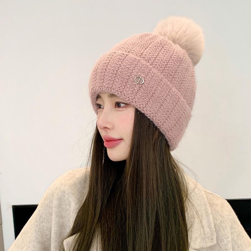 Rabbit Fur Knitted Hat Women's Autumn and Winter Warm Wool Hat New Velvet Ear Protector