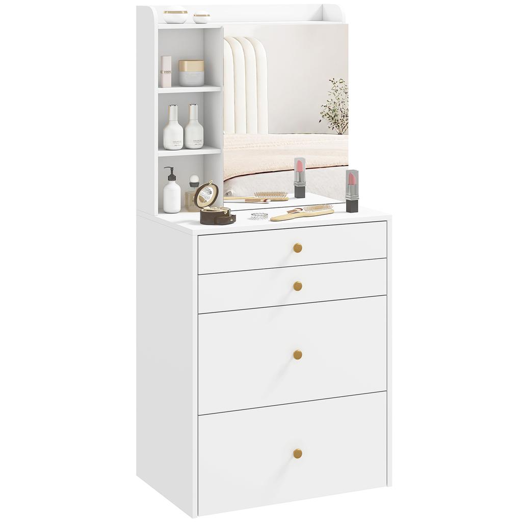 Dressing Table with Mirror and Mobile Storage Stool, Compact Vanity Table with Cabinet, Drawers, Open Shelves, White