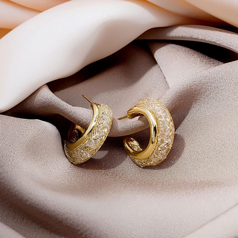 Korean Gold Color Metal Mesh Crystal Hoop Earrings Women Fashion Jewelry  New Luxury Geometric Grid Big Circle Earings Femme