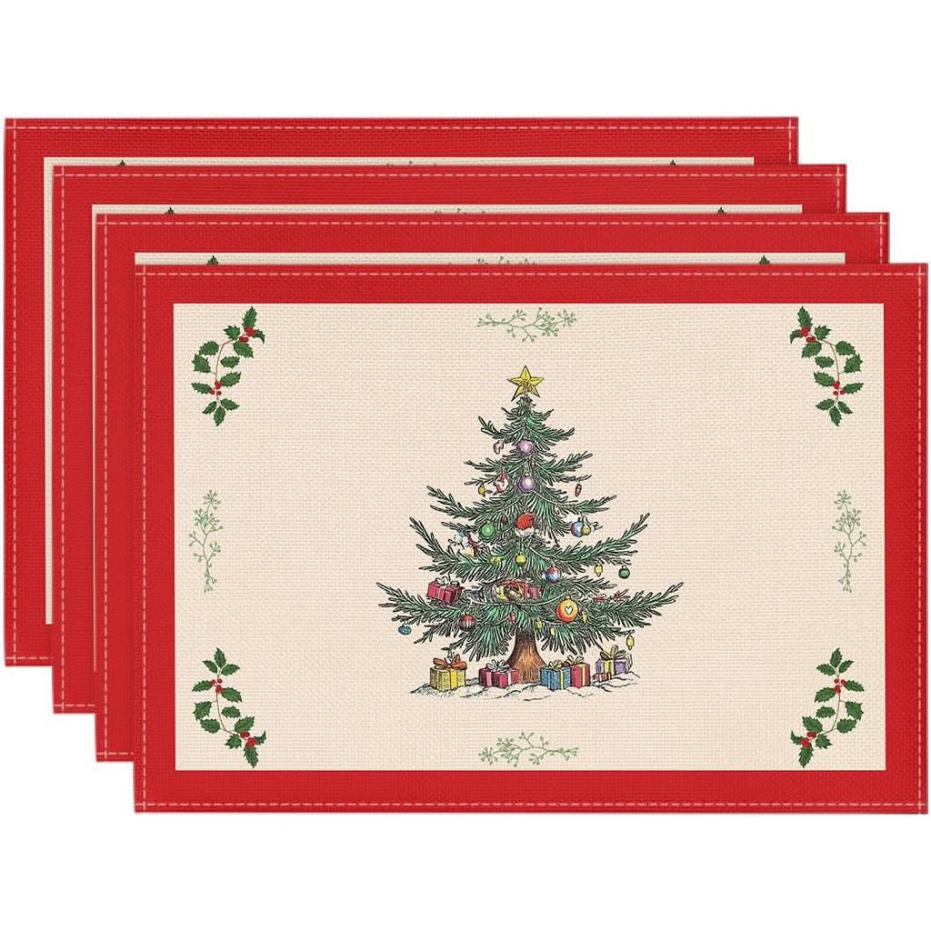 Winter Christmas Placemat with Red Checkered Print Vintage Christmas Candlelight Dinner Mat Restaurant Family Holiday Decoration