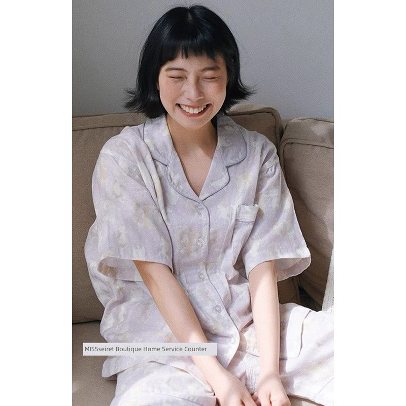 

Japan fashion ~ Short Leg Puppy Print Class a Pure Cotton Pajamas Women Home Wear All Cotton Non-Bump Long sleeve Pajamas Set