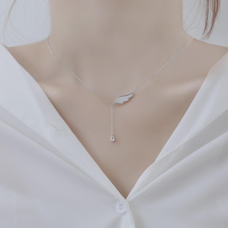S925 Sterling Silber Weißer Perlmuttflügel Halskette High-End Wassertropfen Zirkon Fransen Anhänger Kalter Wind Einfache Schlüsselbein Kette