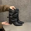 2025 New Retro Pointed Thin Boots, Belt Buckle But Knee Piling Boots Women's Thick Heel Medium Boots