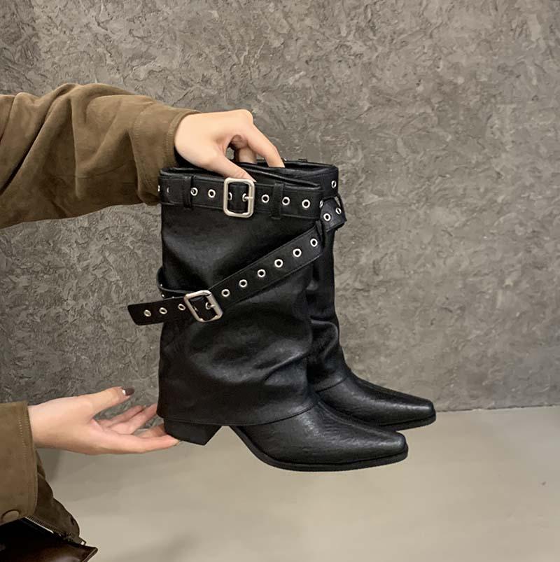 2025 New Retro Pointed Thin Boots, Belt Buckle But Knee Piling Boots Women's Thick Heel Medium Boots