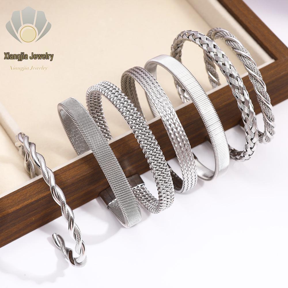 European & American Luxury Woven Titanium Steel Bangle with Gold Electroplating - Simple Fashion Open Design