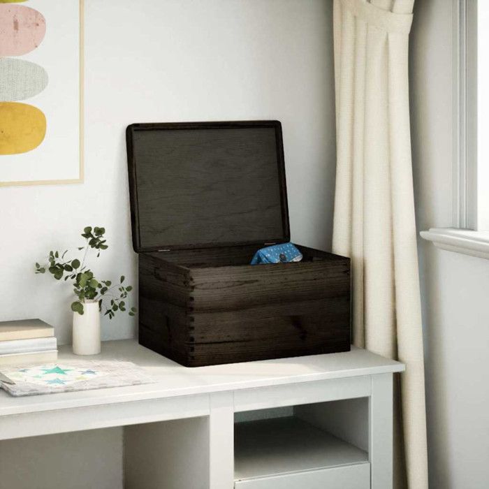 Wooden Box with Lid and Handles Black Solid Pine Wood