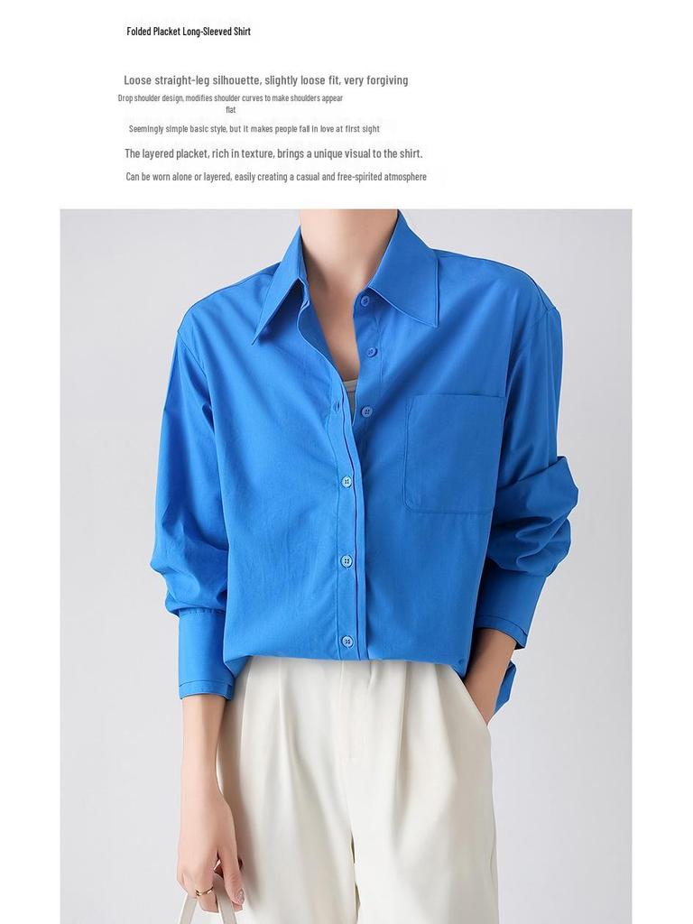 Damen blaues zweireihiges Langarm-Tencel-Baumwollhemd