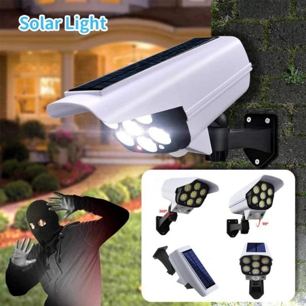 Solarleuchte für den Außenbereich mit Bewegungsmelder, Sicherheits-Attrappe, kabelloses Flutlicht, IP65, wasserdicht, 77 LEDs, 3 Modi, für den Hausgarten