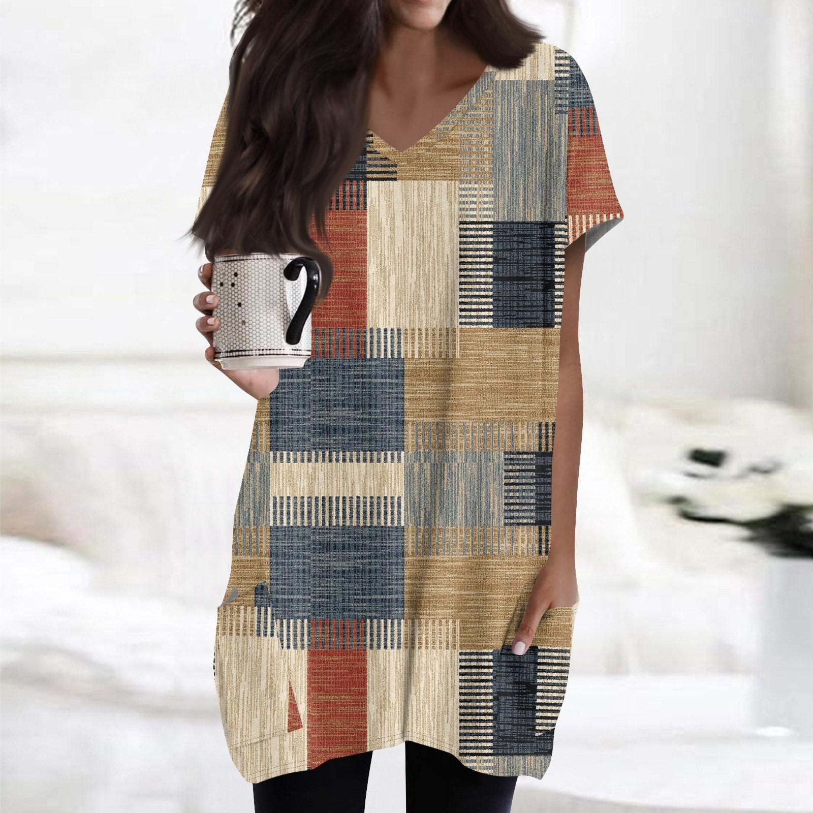 

Женские топы с V-образным вырезом, блузки с коротким рукавом, повседневные рубашки средней длины, модные туники с принтом и карманами S хаки