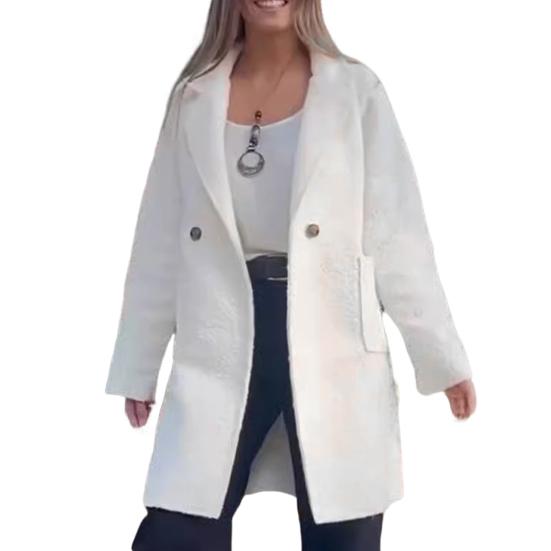 Women's Fleece Jacket Lapel Button Closure Fluffy Gown Coat Solid Color Mid-Length Plush Warm Coat for Office Parties Travel