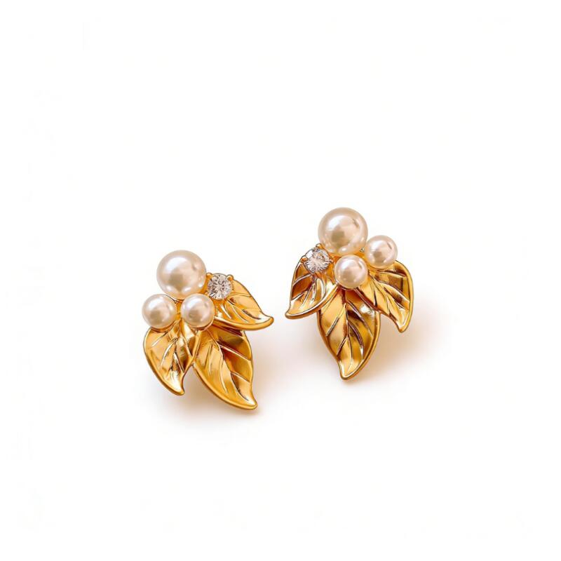 Exquisit Pearl Zircon Leaves Earrings for Women Ladies New Fashion Light Luxury Gold Color Dangle Earrings Jewelry Accessories