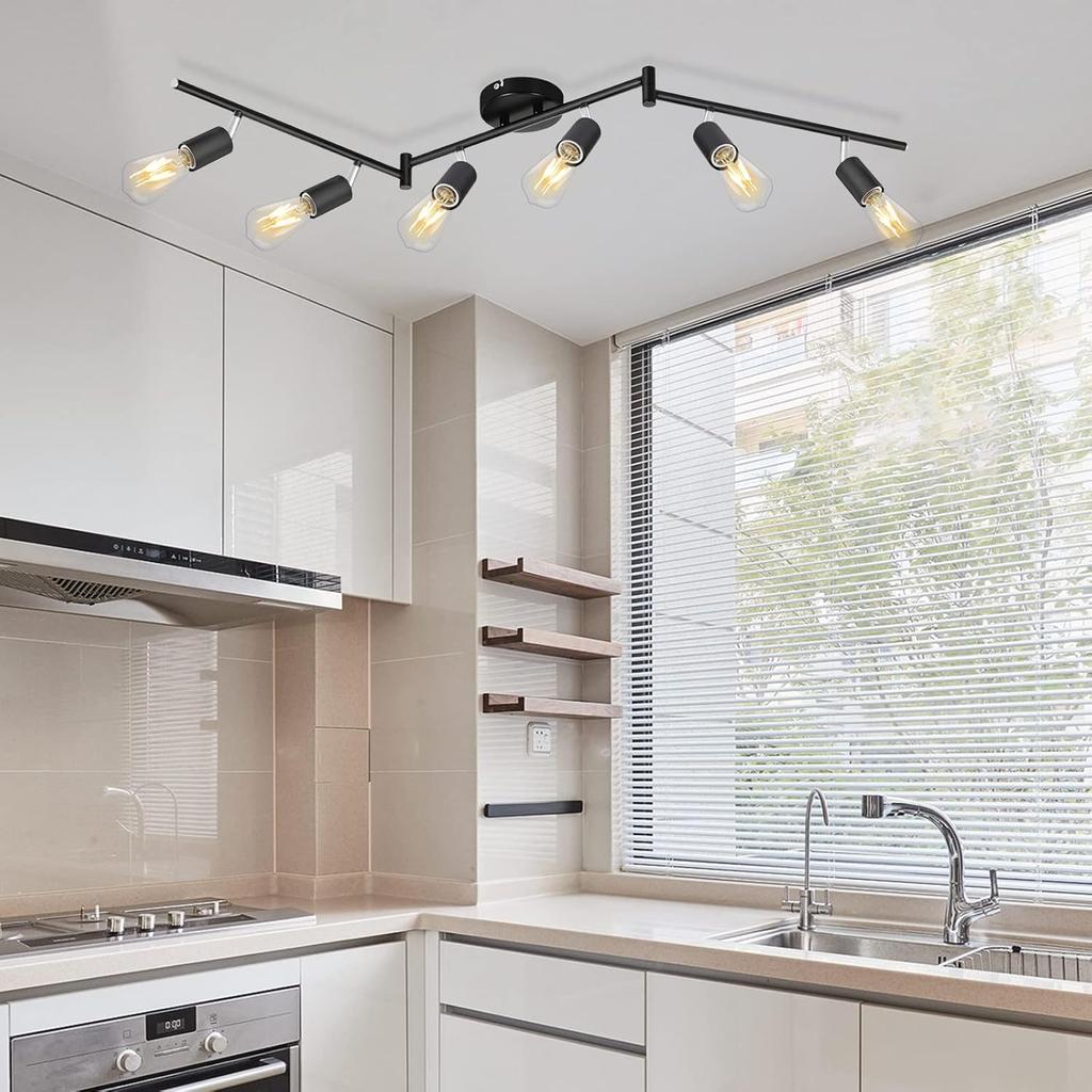 Kimjo 6-Light Track Lighting Fixtures Ceiling, Flush Mount Black Track Light Kit with Rotatable E26 Light Heads, Directional Kitchen Ceiling