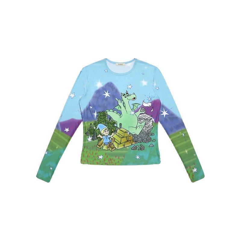 

Illit Moka Plzproject Весна/Лето Новая Ретро Узкая Футболка Кожа Маленького Динозавра Корейская Green All yards