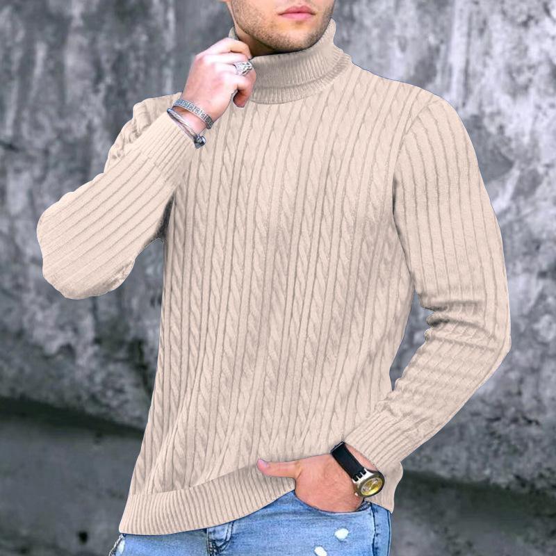 Autumn Winter Men's Knit Sweater High Neck Warmth Fashion Solid Color Slim Fit Male Bottoming Tops Jacquard Pullovers