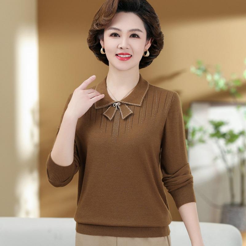 

Женская весенняя рубашка с длинным рукавом для пожилых женщин среднего возраста, свободный топ-основа для мамы среднего возраста, повседневная одежда, молодящая XL (recommended within 55kg) темно-коричневого