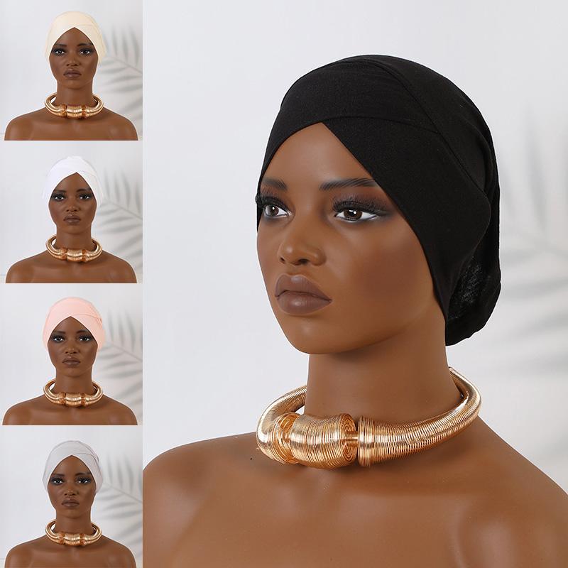 Hijab Caps Headdress Solid Color Muslim Underscarf Cap Soft Elastic Crossed Forehead Female Headscarf Turban Bonnet
