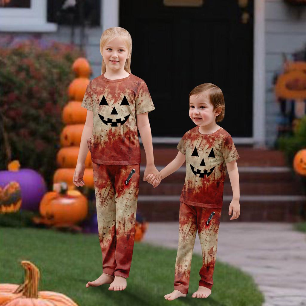 Print Cute Family Set Pajamas, Home Clothes, Family Set short Sleeve Top Pants Set