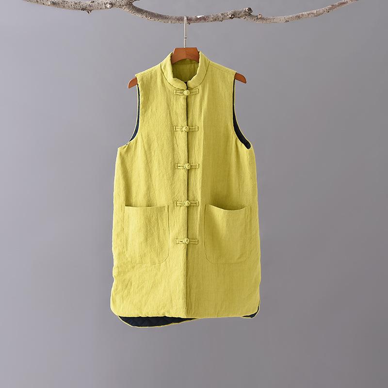 

Winter new cotton and linen women s clothing retro ramie stand-up collar sand wash medium and long cotton vest thickened women s cotton vest One size жёлтый
