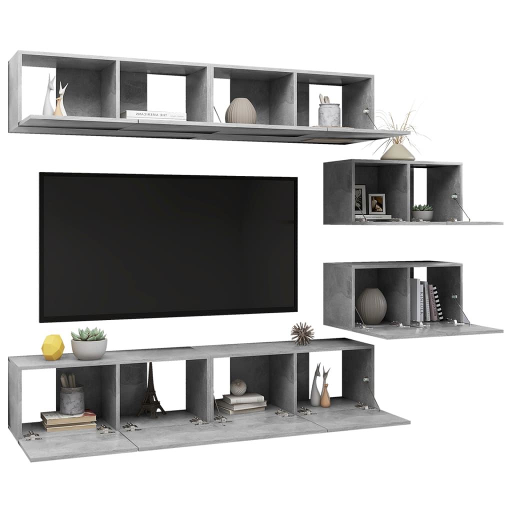 6 piece TV cabinet set concrete grey wood based material
