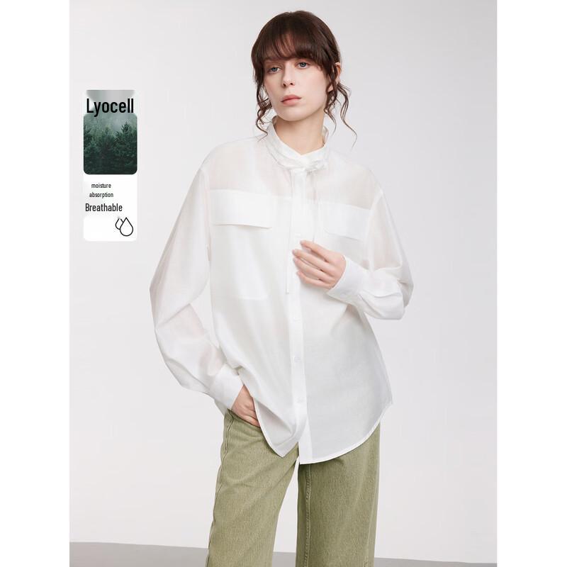 ELLE White Ribbon Stand Collar Blouse S