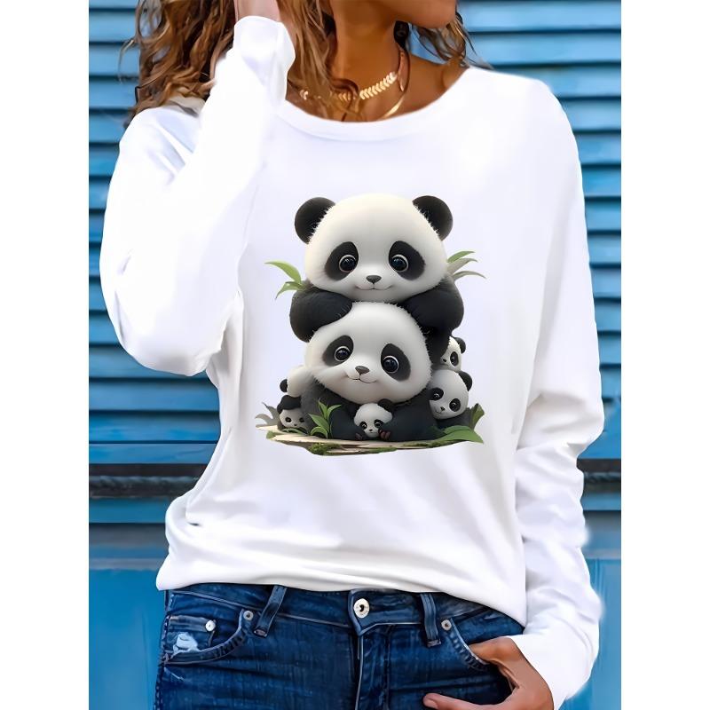 Spring/Autumn Women's Casual Long Sleeve T-Shirt, Cute Panda Print Pattern, Round Neck T-Shirt Women's Clothing