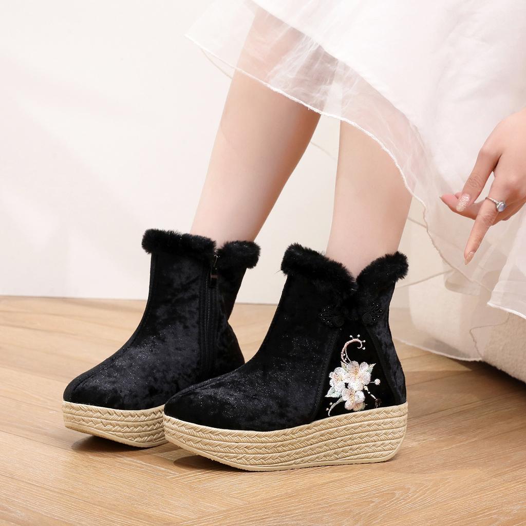 Winter Chunky Platform Ankle Boots for Women Non-Slip Embroidered Snow Booties with Faux Fur Lined Women's Warm Comfortable Wedge Walking Boot Shoes