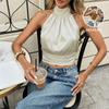 Damen Satin Sexy Rückenfrei Schnürung Neckholder Crop Top