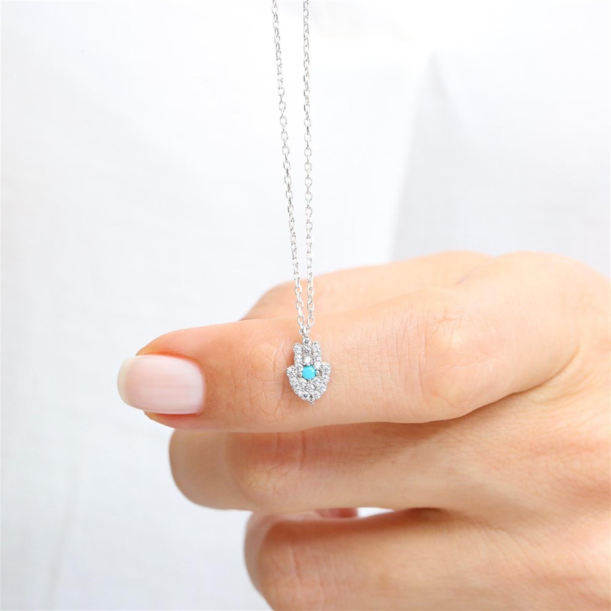 

Сверкающее серебряное колье «Рука матери Фатмы» с бирюзовыми деталями