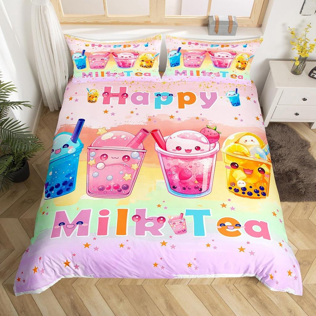 Cartoon Milk Tea Duvet Cover for Kids Teens Lightweight Quilt Covers Bedroom Decor Afternoon Tea Themed Bedspread Cover No Quilt
