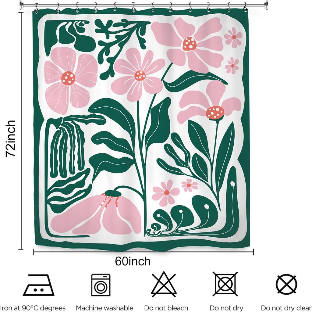 Pink Green Abstract Floral Pattern Waterproof Shower Curtain 180x180cm - Modern Botanical Print Bath Curtain for Home Decor