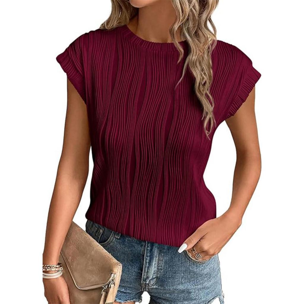 New Women's Solid Textured Loose Crew Neck Short Sleeve T-shirt Top, Casual Summer Tops for Women, European American Style