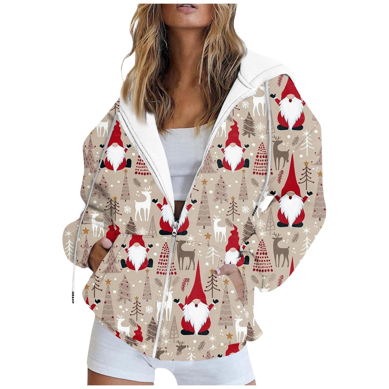 

Жіночі толстовки на блискавці для дівчаток-підлітків, світшоти з різдвяним принтом, одяг, повсякденна куртка на шнурках із кишенями XXL хакі