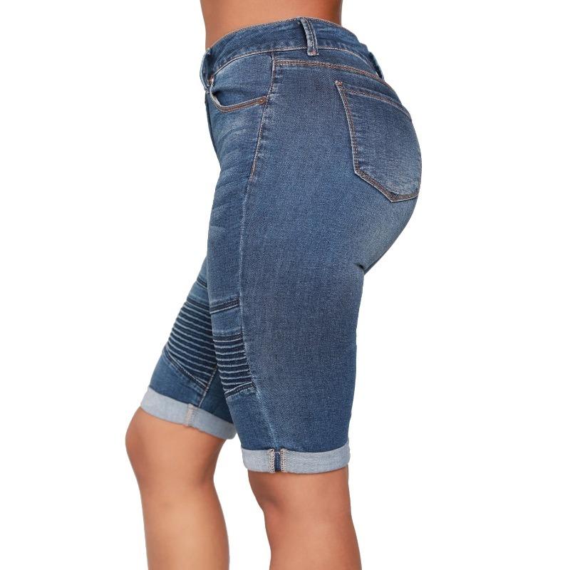 Summer Women's Plus Size Biker Stretch Mid Pants Blue Jeans