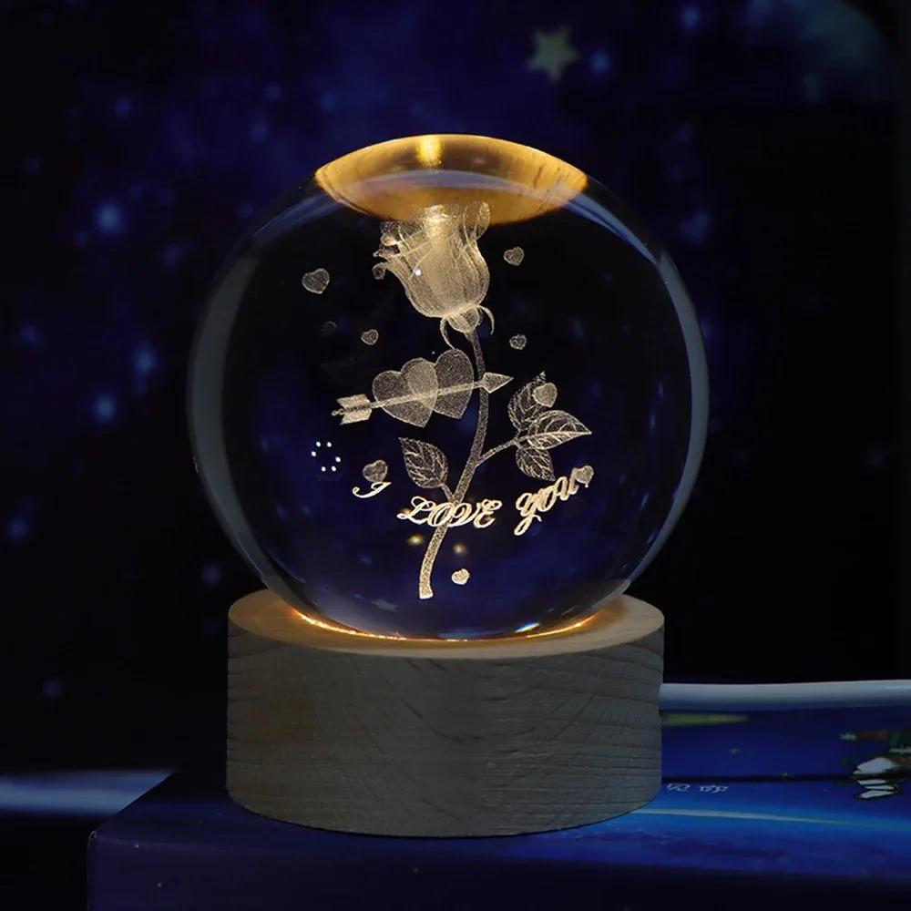 Hot 6cm 3D Crystal Ball Stitch Pikachu Wooden Base with 6cm Crystal Ball Planet Night Light Laser Carving Children's Gifts