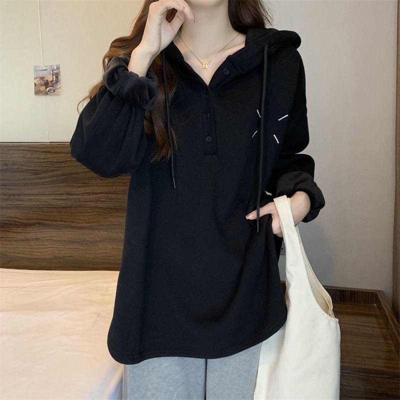Women's Double-Sided Fleece Hooded Button-Up Loose Long-Sleeve T-Shirt, Slimming Trendy Top - Autumn/Winter 2025
