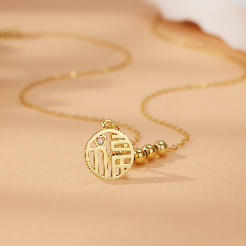 S925 Silver Fu Brand Necklace Women's Fu Character Pendant Six Beads Cross Chain Niche Clavicle Chain Jewelry Fashion