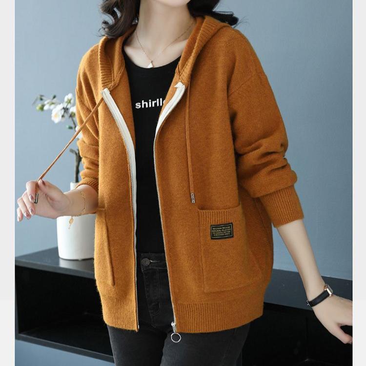 Hooded Cardigan Coat Women 2024 Spring and Autumn New Casual Fashion Outside with Zipper Sweater Hooded Knitwear