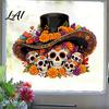 DIY Festive Home Ornament Day of The Dead Window Clings Halloween Top Hat Skull Static Sticker Mexican Folk Art Decals Colorful Flower Pattern