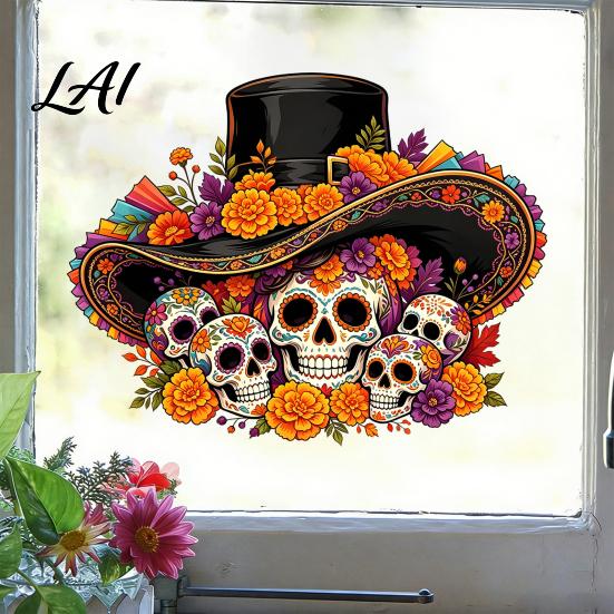 DIY Festive Home Ornament Day of The Dead Window Clings Halloween Top Hat Skull Static Sticker Mexican Folk Art Decals Colorful Flower Pattern