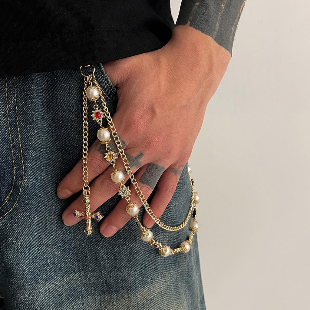 Elegant Crossed Pendant Waist Chain Imitation Pearls Pants Chain Accessory Jewelry For Stylish Outfit Enhancement